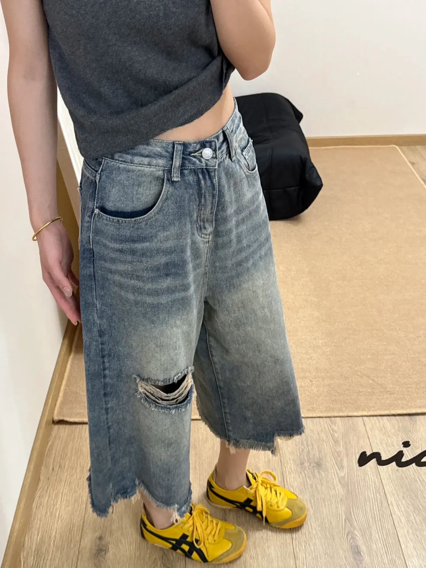 American Retro Hole Wide Leg Seven-Foot Pants Women Summer Pear Body Shape plus Size Fat MM Slim High Waist Jeans Casual Washed
