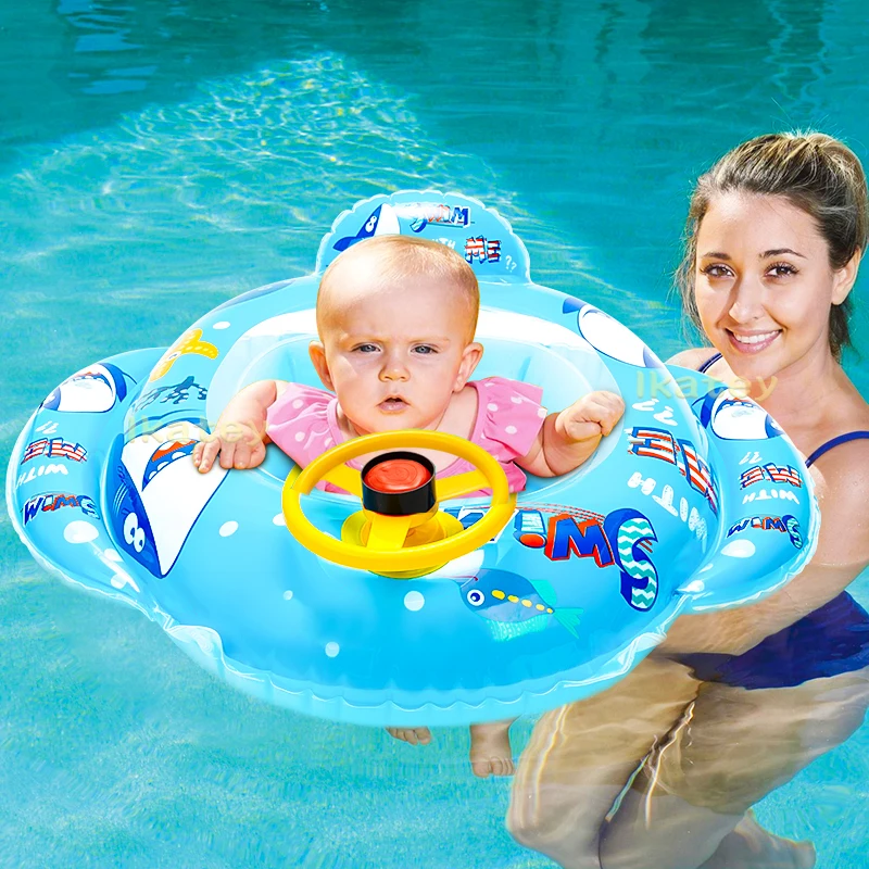 1Pcs Boat-shaped Baby Swimming Pool Float for Toddles Cartoon Steering Wheel Swim Ring Blue Inflatable Toys Summer Photo Prop