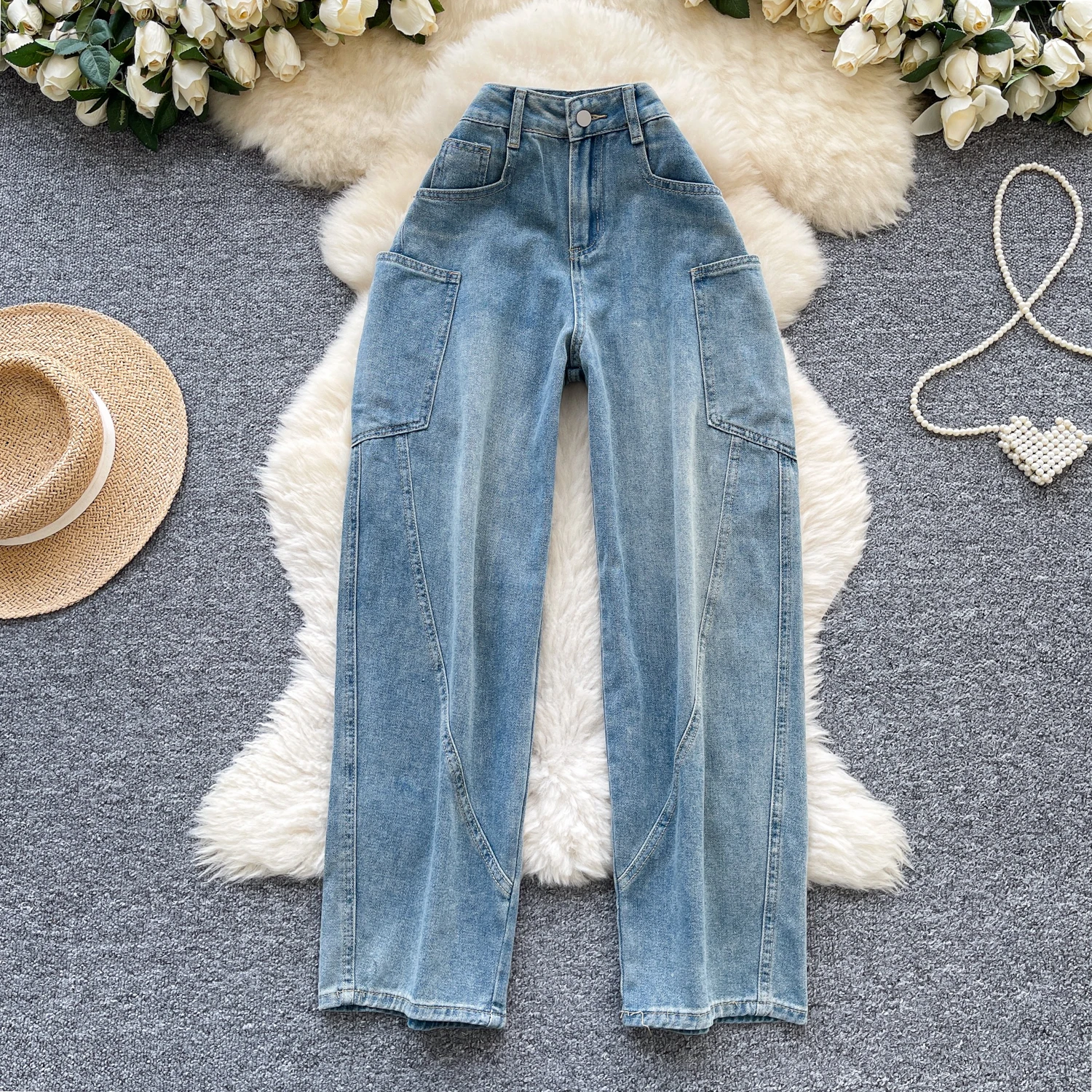 

Джинсы в корейском стиле с минималистичным дизайном для женщин, летние повседневные универсальные широкие брюки с высокой талией, прямые облегающие джинсовые брюки