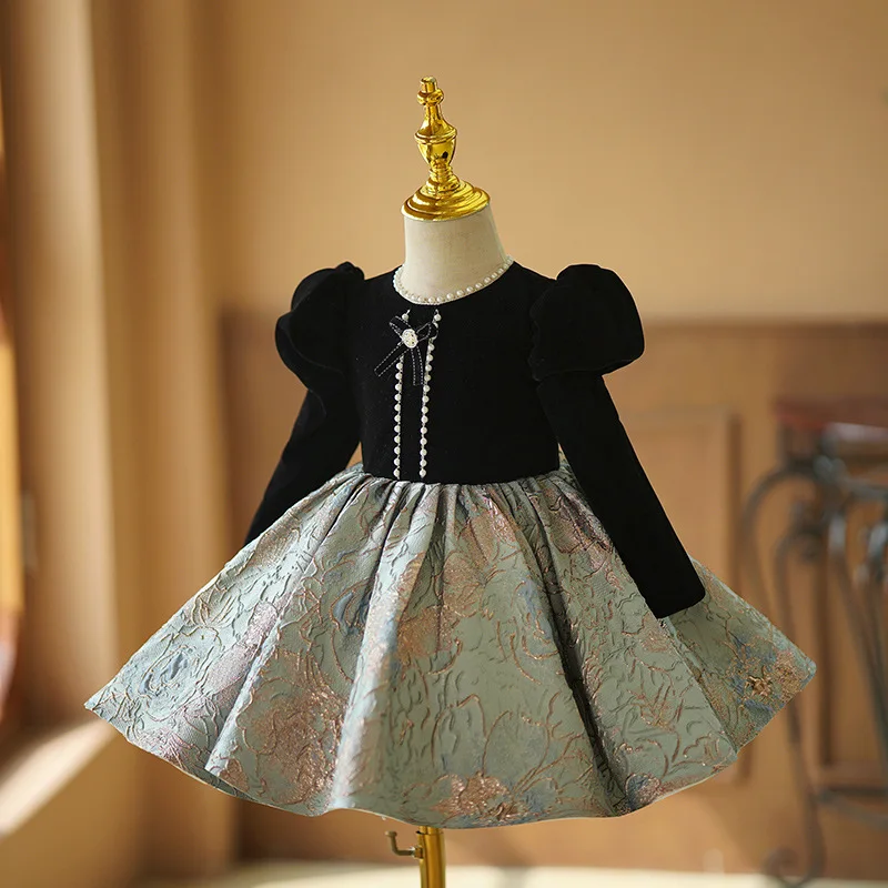 Girls' evening dress Light luxury niche high-end French Hepburn style piano performance pompous dress Children's princess dress