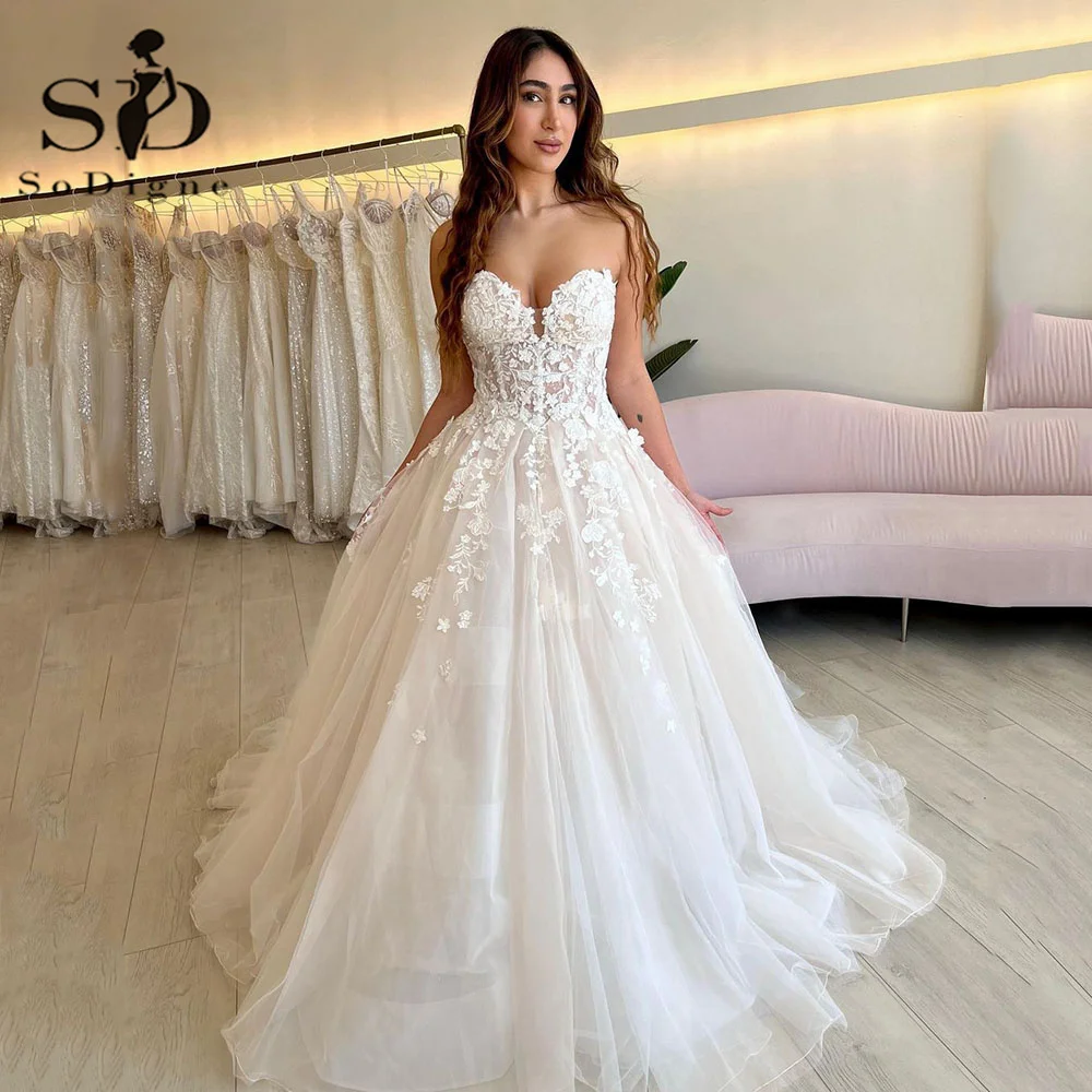 SoDigne-Vestido De Novia De princesa sin tirantes, apliques De flores, corsé, vestidos De Novia personalizados