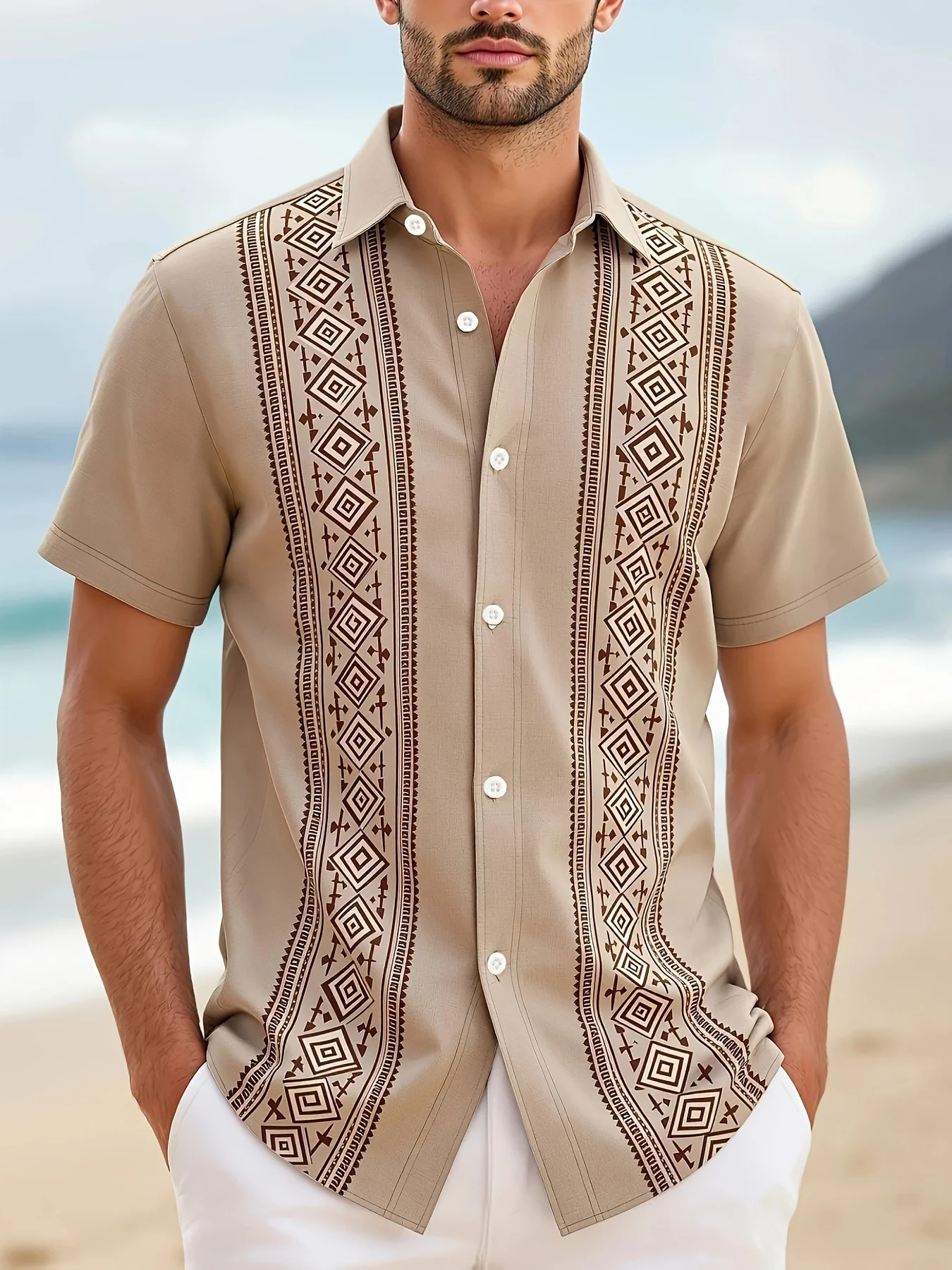 Boho Shirts Khaki Vertical Brown Ethnic Diamond Geometric Border Printed Loose Vacation Short Sleeve Lapel Tops Men Clothes