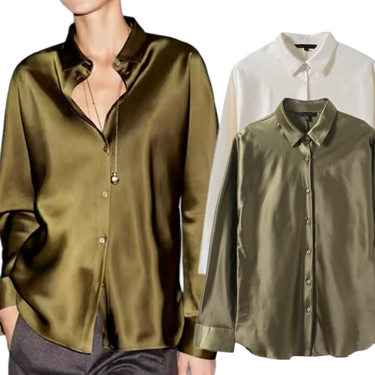 

Maxdutti French Minimalist Army Green Champagne Elegant Satin Shirt Long Sleeve Casual Blouses Women's Clothes Shirts Tops
