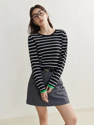 DUSHU Acetate-blend Striped Round Neck Sweaters Patchwork Design Women Slightly Drop Sleeve Casual Top Pullovers 24DS81144