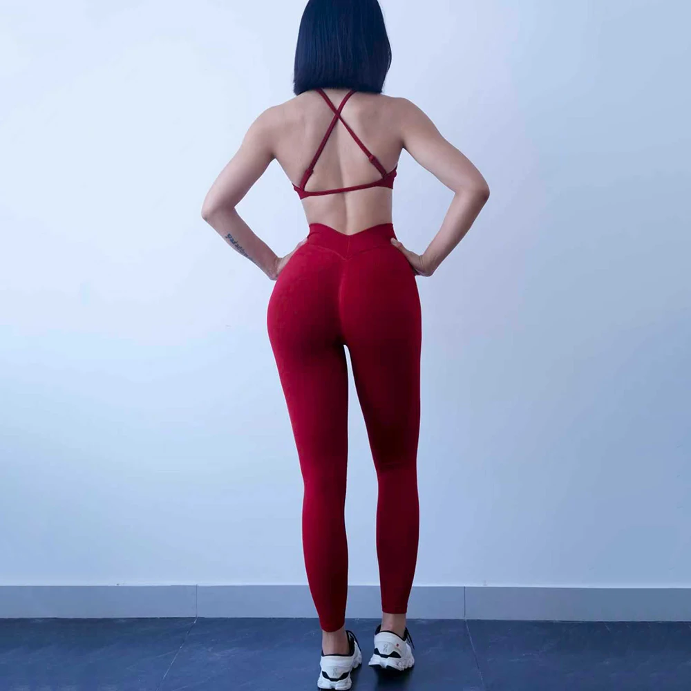 女性用2ピースワークアウトセット、スクランチバットヨガパンツ、ハイサポートスポーツブラ、お腹コントロールフィットネスジムウェア