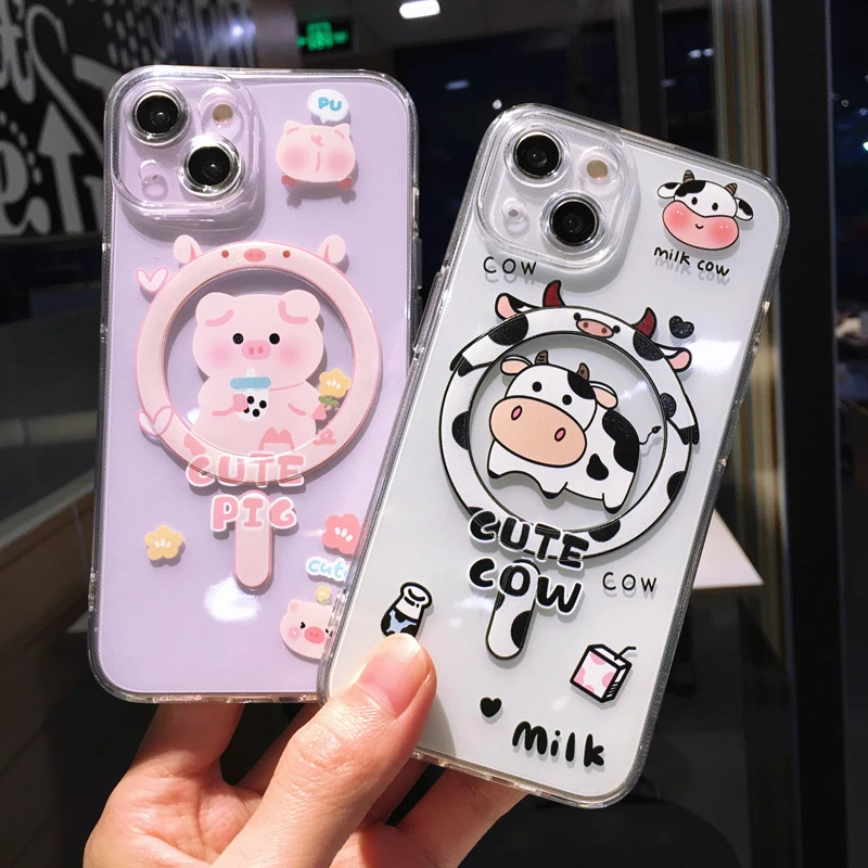Cute Cartoon Animal Pig Cow Magsafe Clear For iPhone 14 13 12 11  Pro Max Plus Magnetic Wireless Charging Shockproof Cover