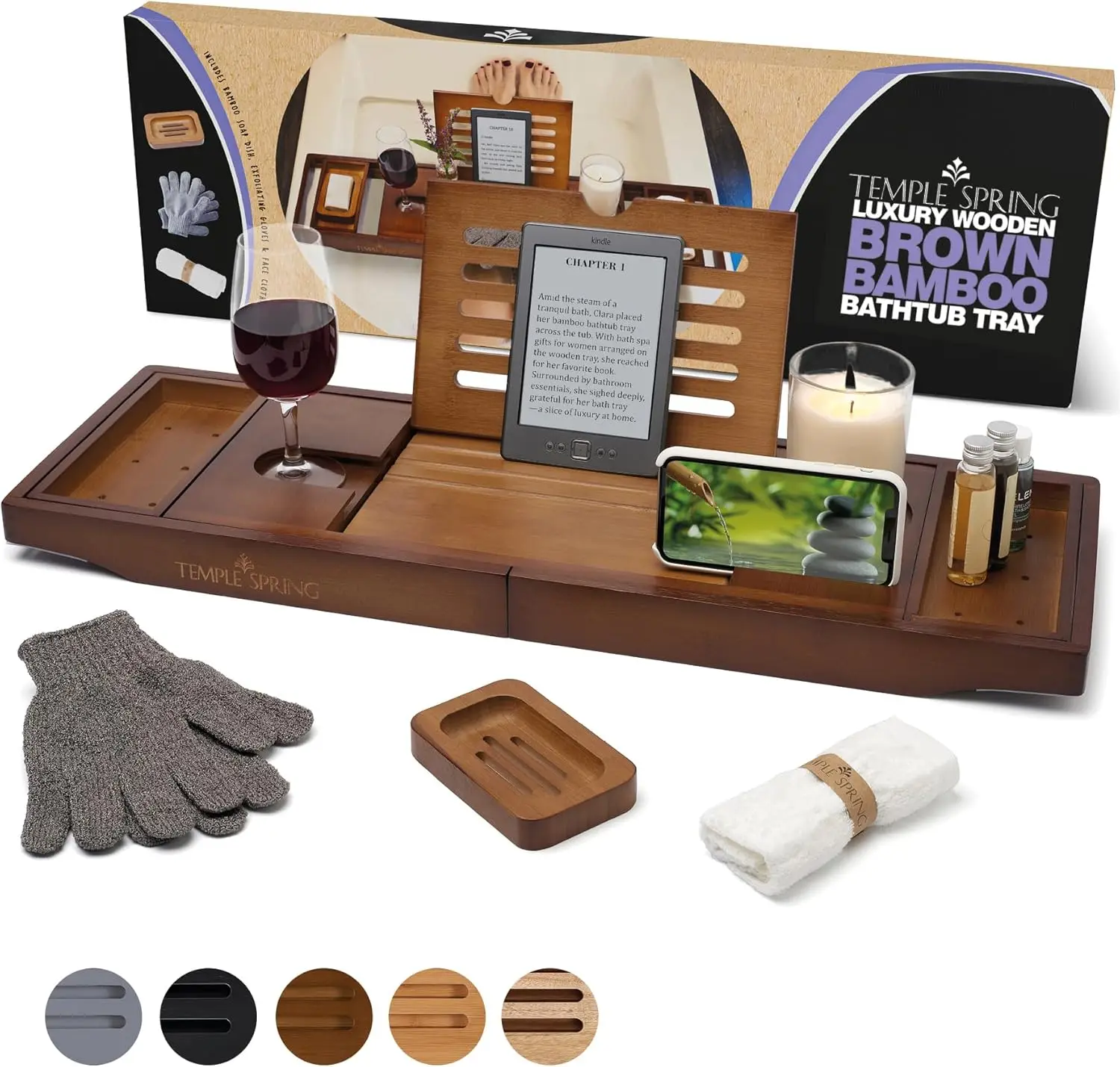 

Бамбуковый поддон для ванны с выдвижным дизайном, нескользящими подушечками, мыльница и перчатки — дерево-коричневый