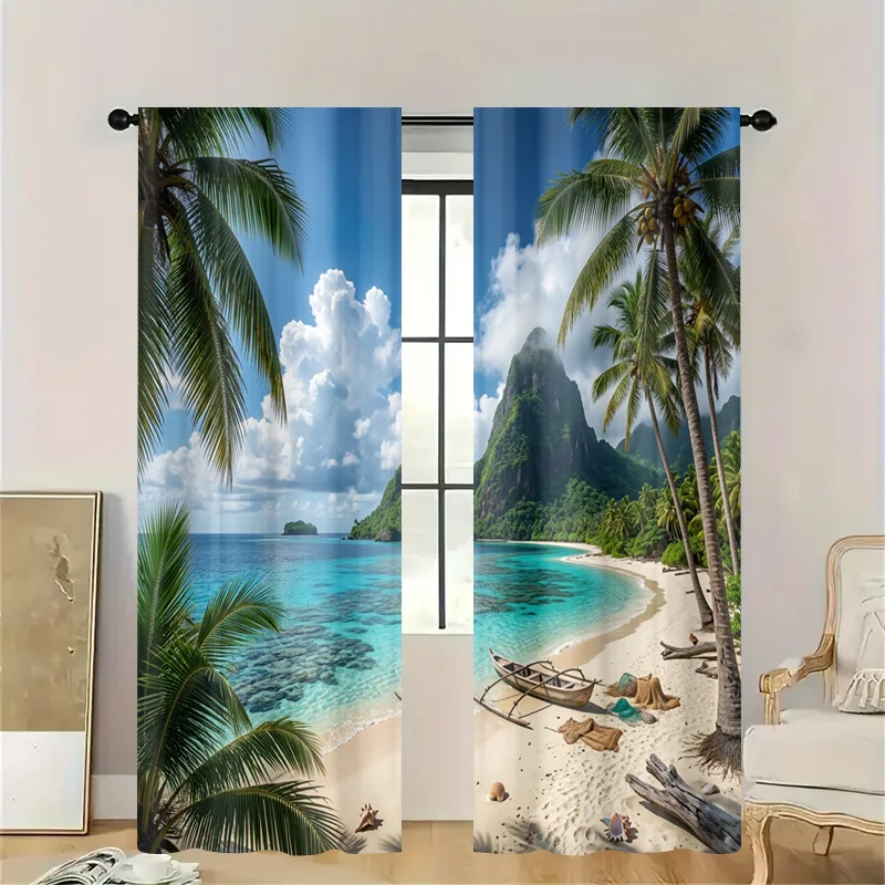 Tropical Beach Curtains Palm Leaf Ocean View Seaside Window Drapes Coastal Resort Aesthetic Lightweight Rod Pocket Curtains Home