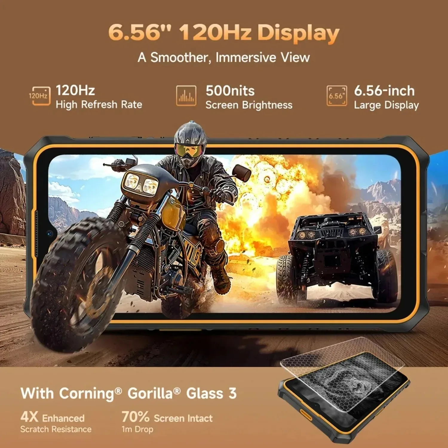 Telefone Rugged Global Ulefone RugKing Pro 3 4G AI com Tela de 6,56 polegadas 120Hz 5700mAh Lente Macro de 48MP 2MP Android 15 16GB RAM 128GB ROM NFC