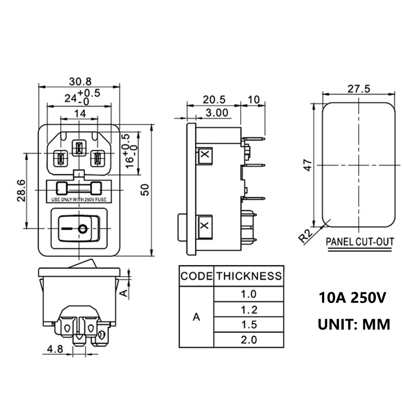 Enchufe con interruptor basculante de lámpara, conector de entrada de CA de 3 pines, 5 piezas, 10A250VAC, lEC320, C14, Threein, AC-01