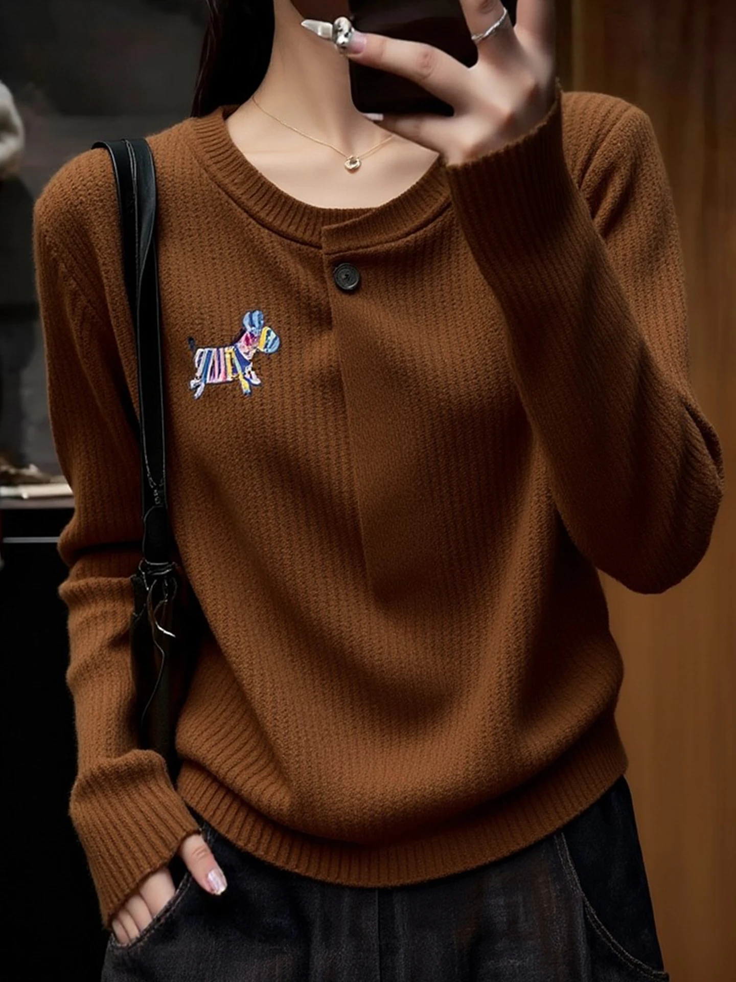 

Женский вязаный свитер Ele Korean Sle с длинными рукавами и круглым вырезом, свободного кроя, универсальный, зимний, удобный, прямого силуэта