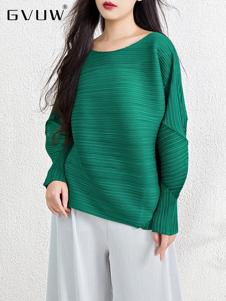 GVUW Pleated Round Collar T Shirt Women Full Sleeve Solid Color Versatile New 2024 Irregular Niche Design Female Tops 17G7376