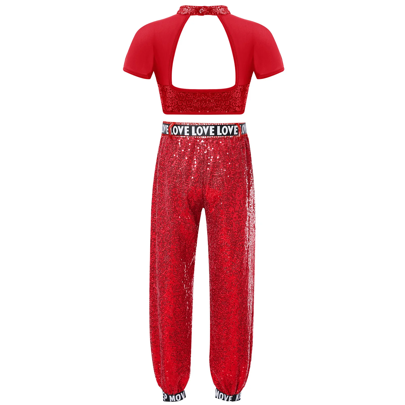 Mädchen Pailletten Jazz Hip Hop Modern Street Dance Outfit Kurzarm Crop Tops mit Hosen Set Trainingsanzug Schule Cheerleader Uniform