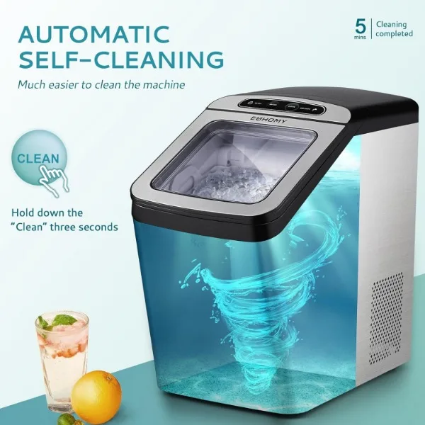 EUHOMY Nugget Ice Maker controsoffitto, Max 34 libbre/giorno, ricarica dell'acqua a 2 vie, macchina per la produzione di ghiaccio in ciottoli autopulente con serbatoio 3Qt