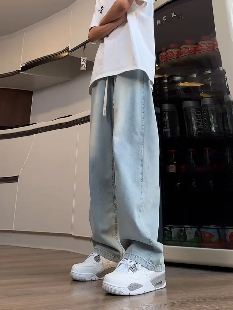 

Ice Silk Wide Leg Straight Cut Jeans Men's Summer Long Trousers High Waist Loose Fit Denim Pants Cool Feeling Lightweight