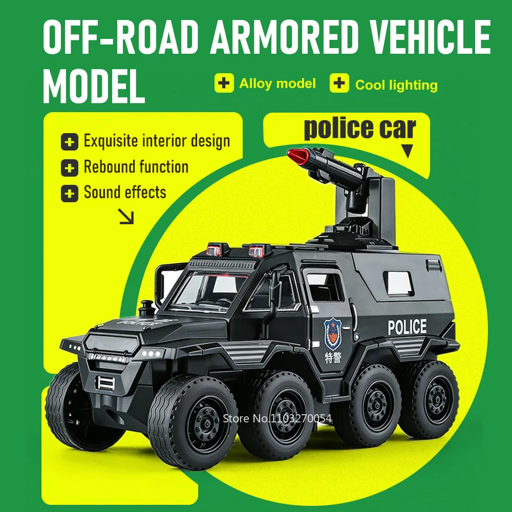 

1:36 Conqueror SWAT Armored Vehicle Alloy Diecast Model Toys Car Doors Opened Sound Light Pull Back Cars Festival Gift for Child