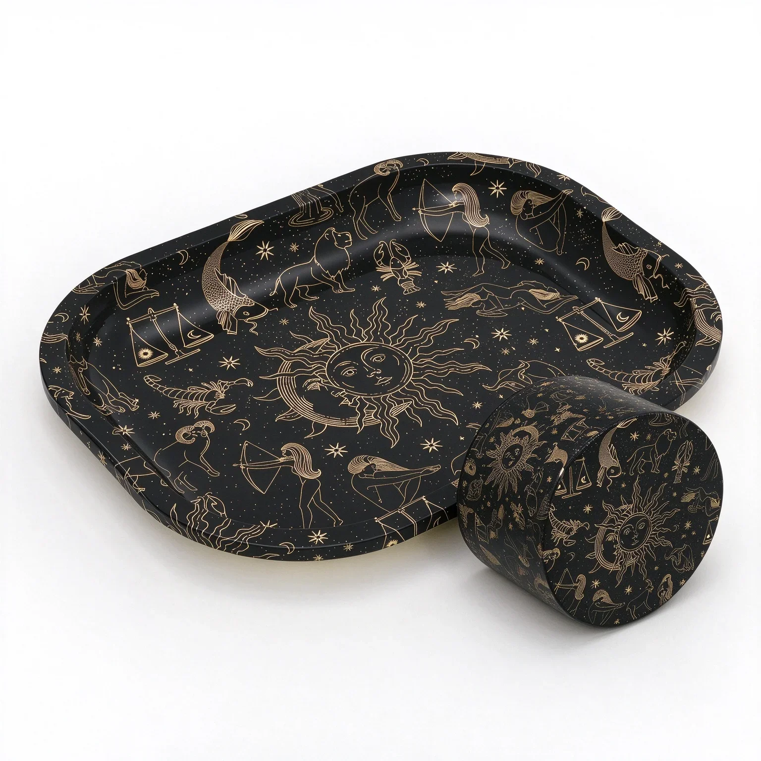 1/2 Pieces Zodiac Signs Rolling Tray & Herb Grinder Black & Gold Astrology Gift for Sun Moon Constellation Lovers