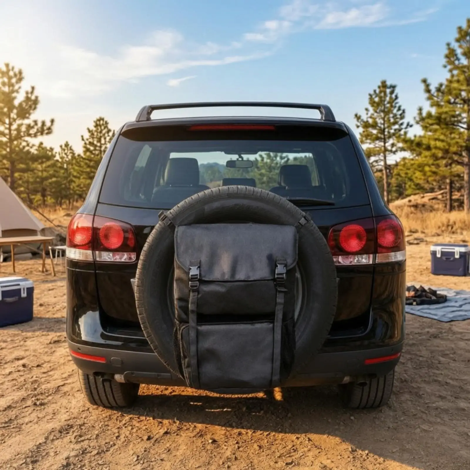 Rear Spare Tire Pouch Storage Organizer Heavy Duty Oxford Bag with Zippered Front Pockets and Mesh Sides for Truck SUV Travel