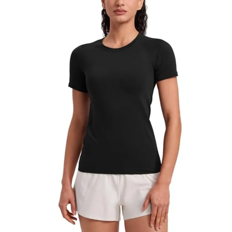 

CRZ YOGA Seamless Workout Tops for Women Hip Length - Athletic Running Gym Yoga Short Sleeve Shirts Breathable Crewneck Tees