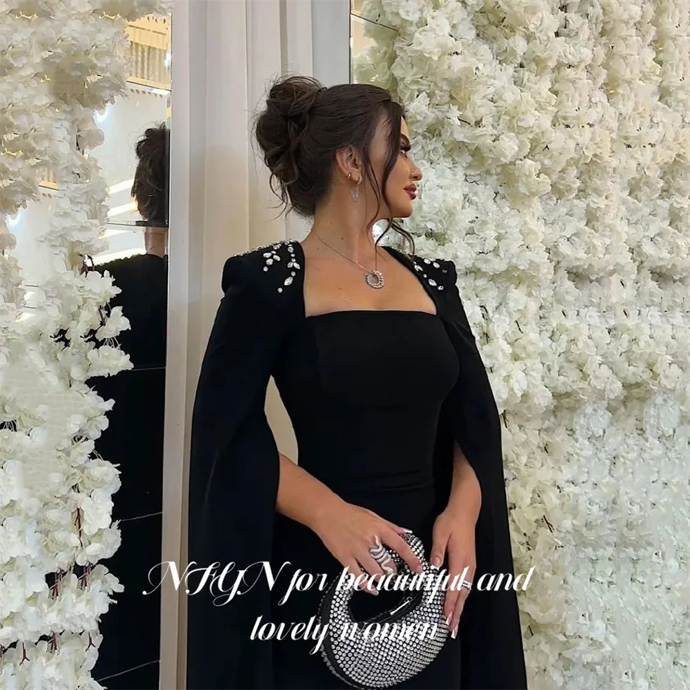 NFYN Vestido de noite preto com decote quadrado e vestido formal de cristal, mangas compridas, vestidos de noite personalizados
