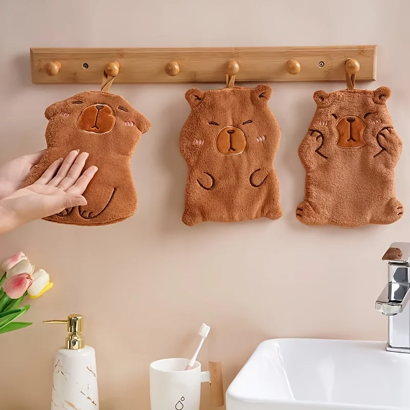 2-Pack of Randomly Assorted Capybara-Shaped Hand Towels, Coral Fleece Hand Towels, Hanging Type, Thickened, Lint-Free, Absorbent Cartoon Hand Towels with Capybara Pattern, Suitable for Bathing, Travel, and Daily Use