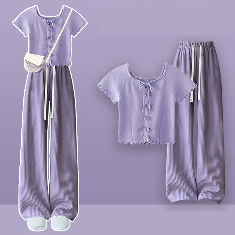 Women Summer Purple Slim Short Sleeve T Shirts Wide Leg Pants 1 or Two Piece Set Preppy Style Student Tops Trousers Outfits 2024