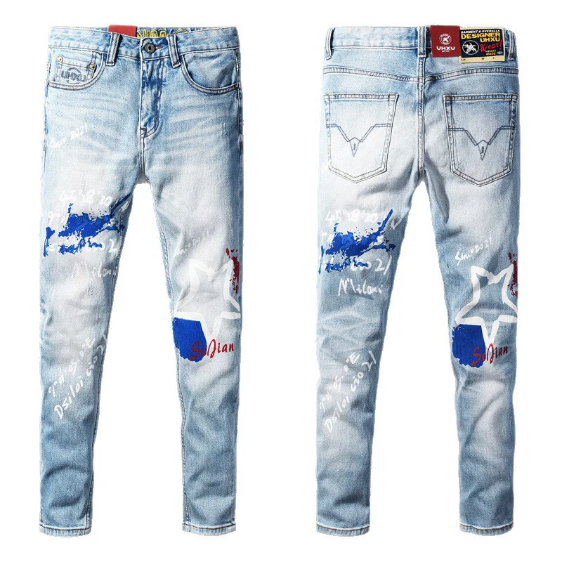 

y2kItalian style fashionable men'sblue gray jeans, high-quality stretch slim fit retro jeans, men's casual designer denim pants,