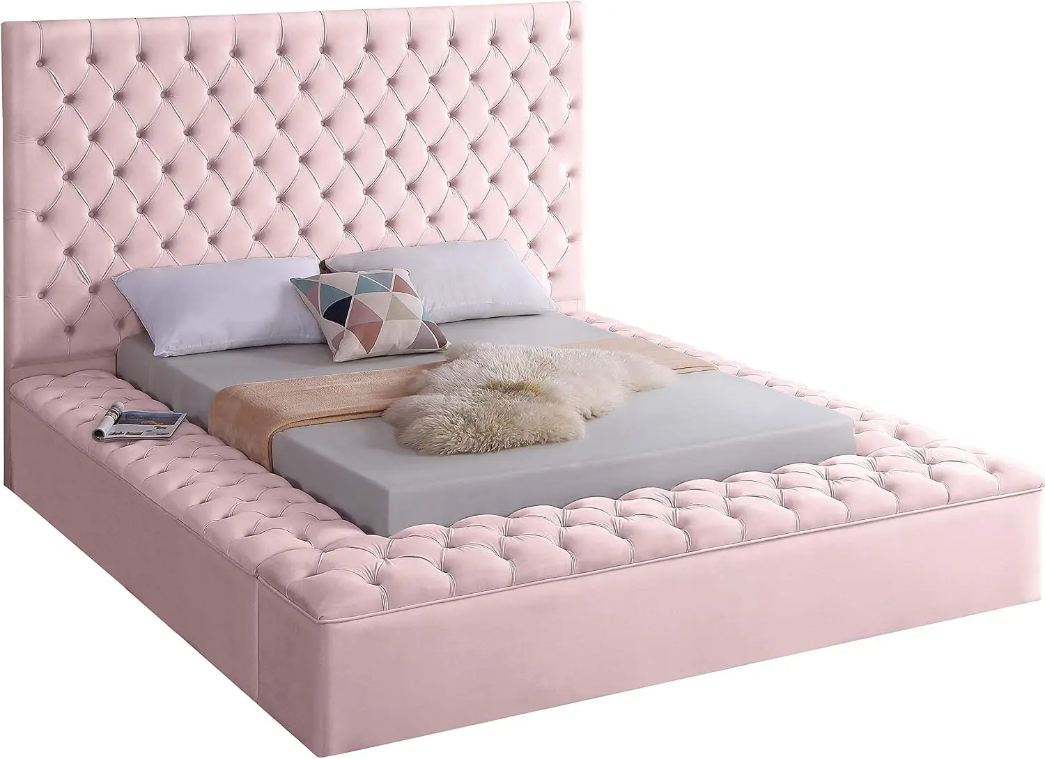 Meridian Furniture Bliss Collection Modern | Contemporary Velvet Upholstered Bed with Deep Button Tufting and Storage Compartmen