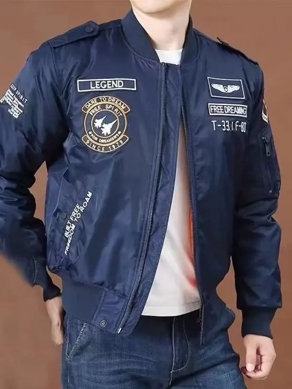 

Мужская куртка-бомбер в американском стиле с вышивкой, осенне-зимняя, молодежная, трендовая, больших размеров, из полиэстера, с воротником-стойкой