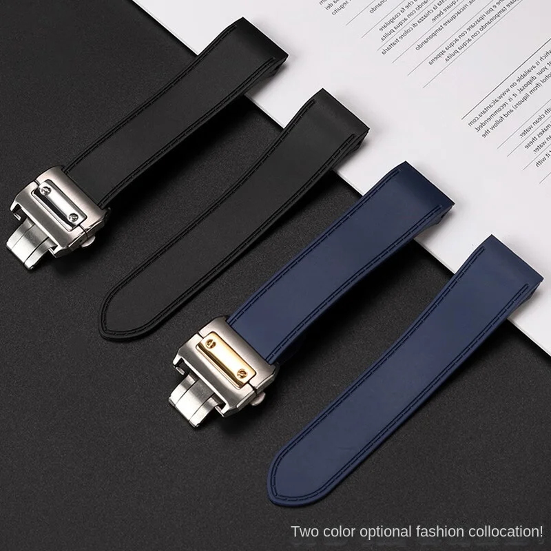 Rubber watch strap For Cartier Santos 100 Series Waterproof silicone watch band 23mm 25mm Men's folding buckle blue bracelet