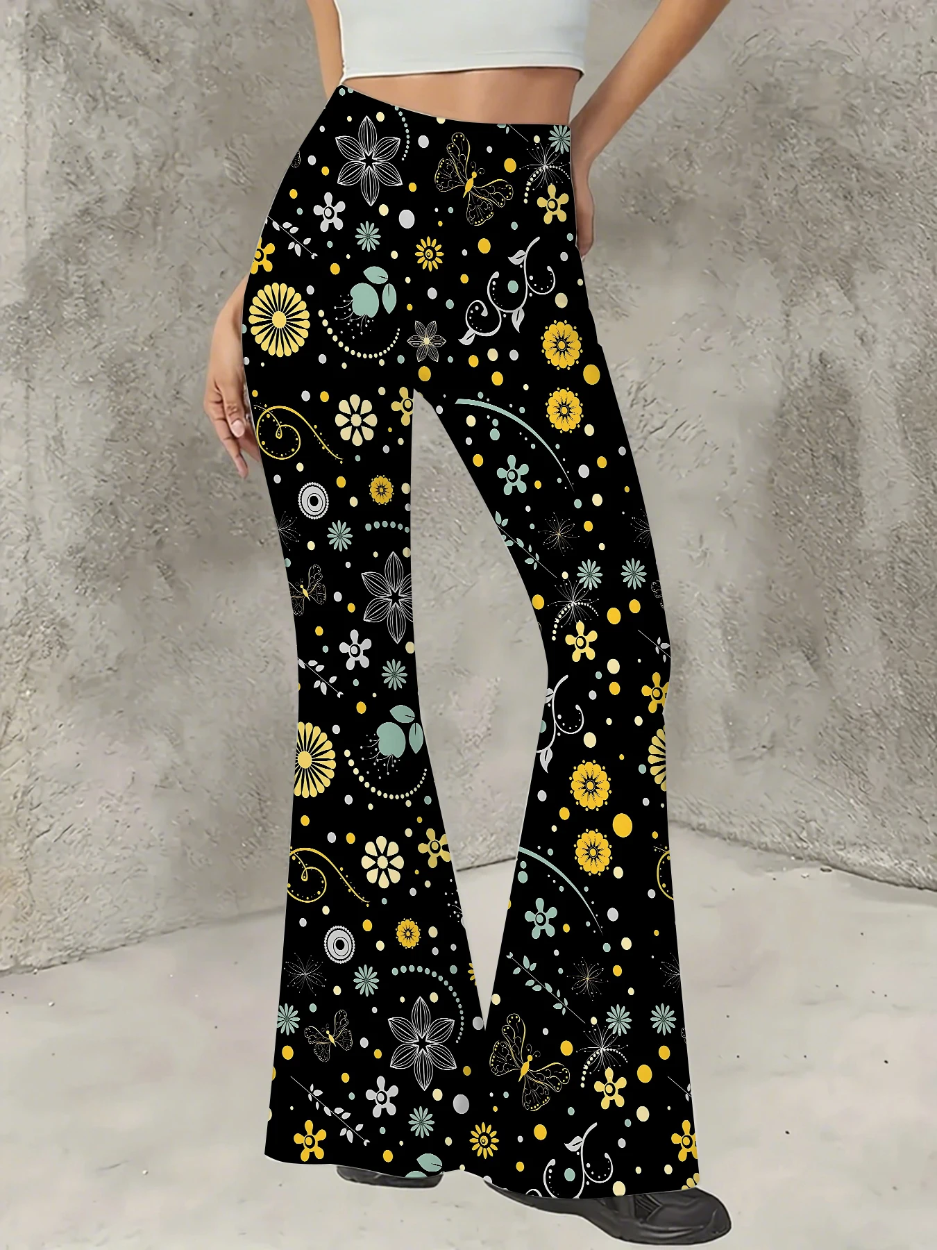 

Retro Printed Flare Pants Women High Waist Polyester Knit Bell Bottom Trousers