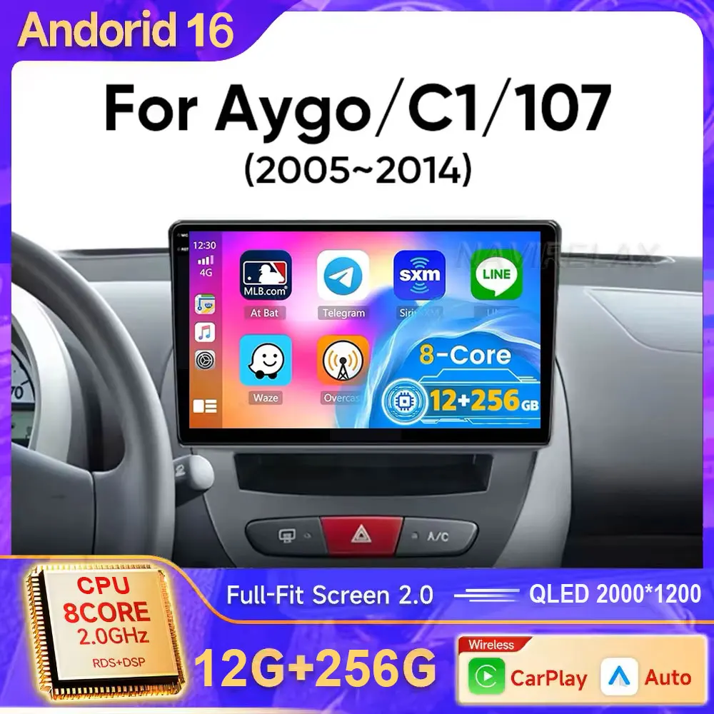 For Peugeot 107 Toyota Aygo Citroen C1 Android 16 2 Din Car Multimedia Player  2005-2014 Head Unit Stereo GPS Navigation BT WIFI