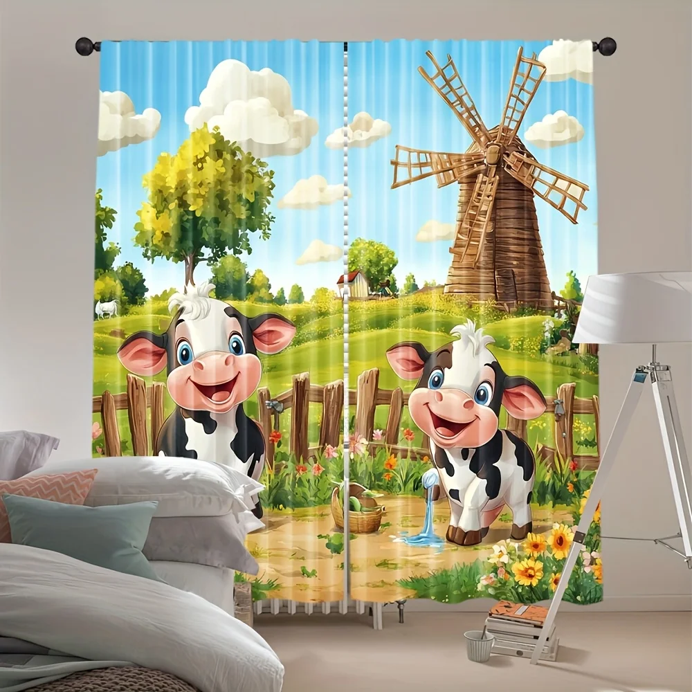 2pc cute farm cow window curtain with cartoon cows windmill and green field for kids room Without curtain rod Durable materials