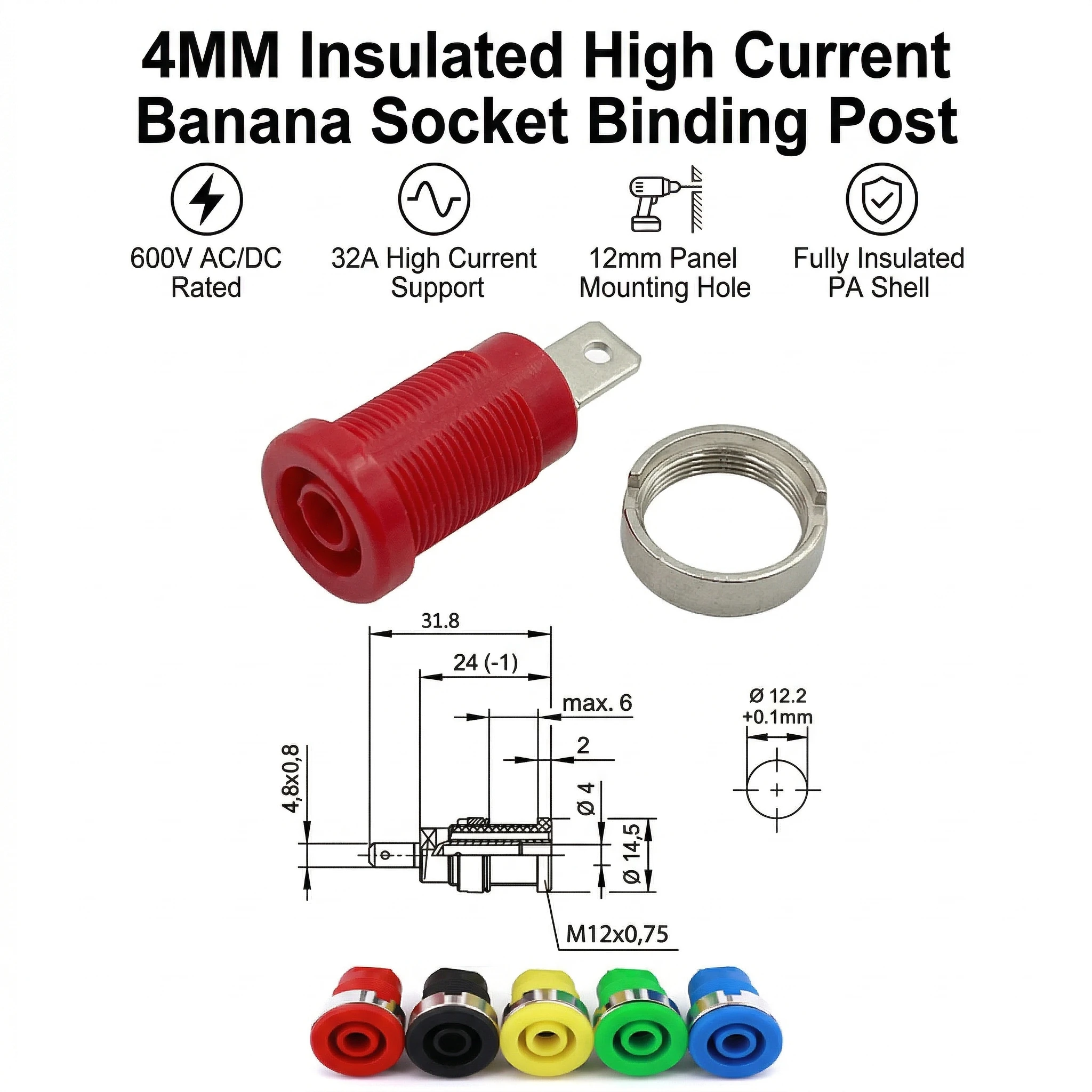 

Разъем типа «банан» 4 мм, 600В/32А, высокоточный изолированный панельный разъем для приборов, с отверстием 12 мм