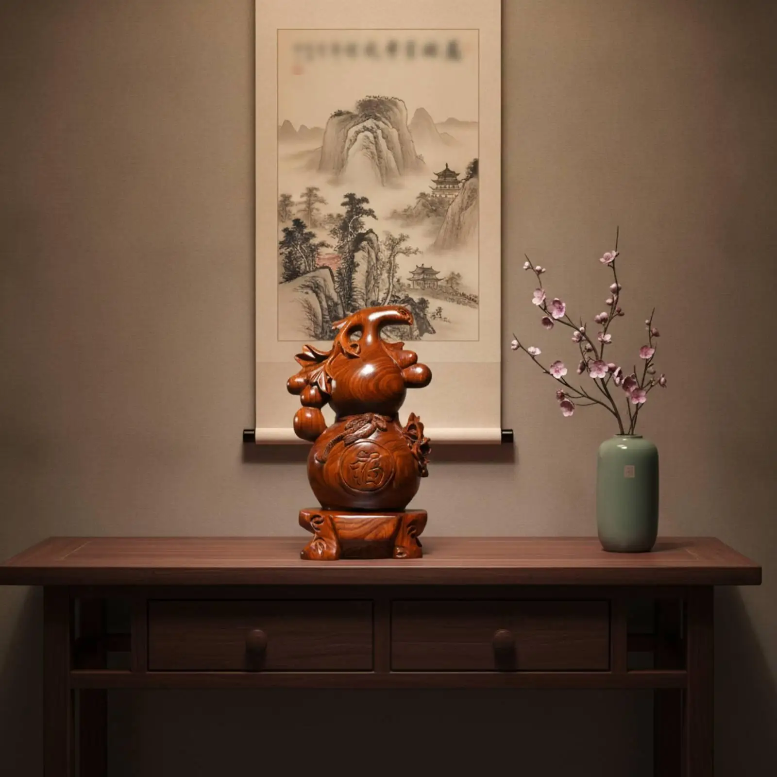 Polished Rosewood Gourd Sculpture Classic Art Ornament Furniture Decoration for Office Tea Table