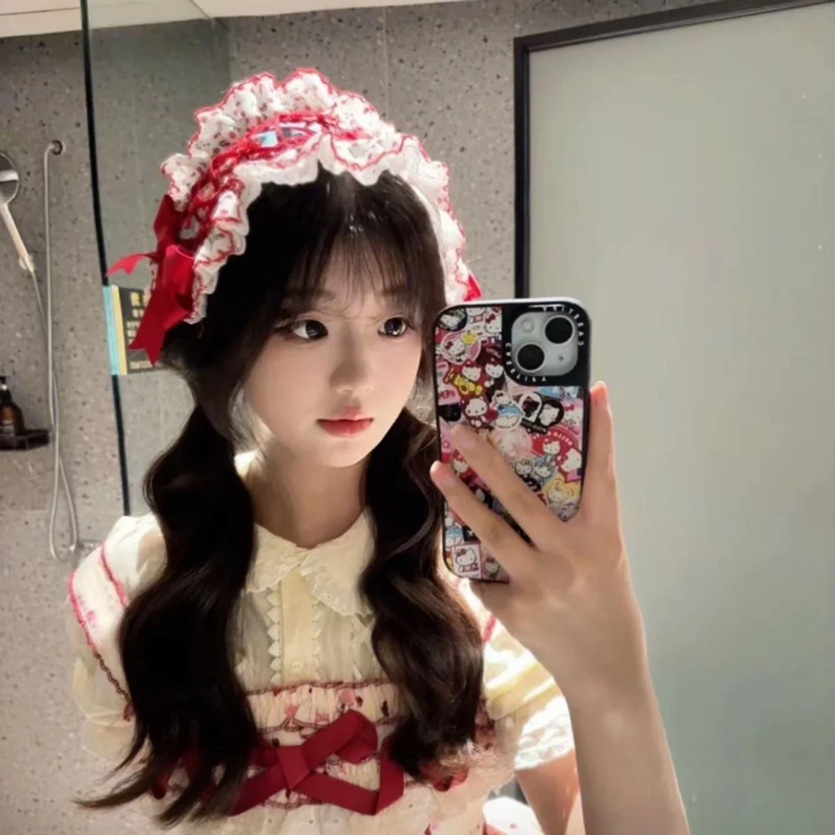 Sweet Lolita Headband, White Red Floral Ruffled Lace Hairband with Crisscross Ribbon & Bows