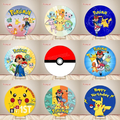 Pokemon Pokeball redondo telón de fondo Pokemon cumpleaños telón de fondo Ash Ketchum Pikachu círculo cubierta Baby Shower decoraciones para fiesta Prop