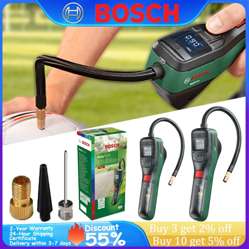 

Air Pump BOSCH Inflator 3.6V/3Ah Cordless Inflation Pump 150PSI/10.3Bar Ball Pressure Detector Inflator Swim-ring Tire Inflator