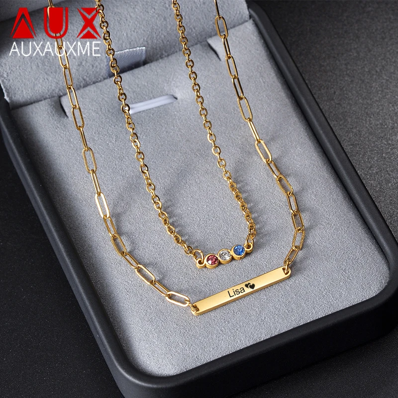 

Auxauxme Custom Laser Engraved Name Necklace Stainless Steel Colorful Crystal Zircom Nameplate Pendant For Women Jewelry Gifts