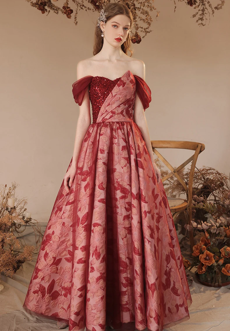 جديد وصول مساء اللباس بورجوندي الحفلة الراقصة قبالة الكتف الدانتيل متابعة فستان الحزب الخلفي