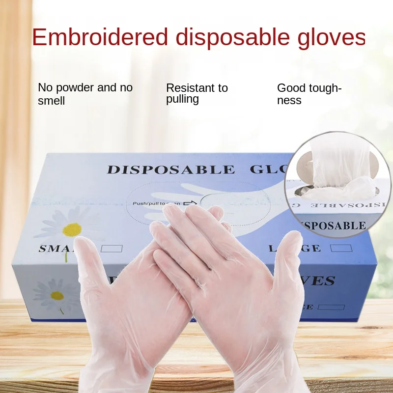 50Pcs Disposable Pvc Rubber Embroidered Gloves Transparent Powder Free Thickened Food Grade Beauty Salon Tattoo Supplies Gloves