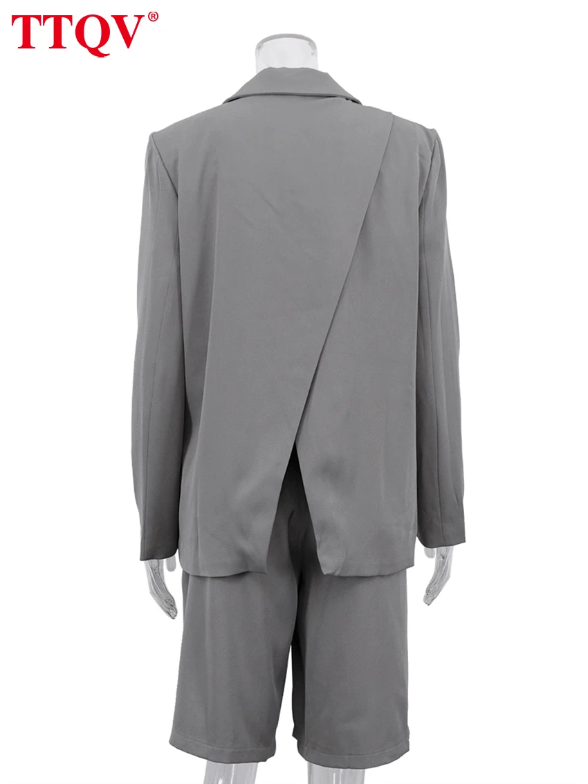 TTQV Fashion Loose Gray Office 2 Piece Set Women 2025 Elegant Long Sleeve Blazer With High Waist Shorts Set Female Clothing