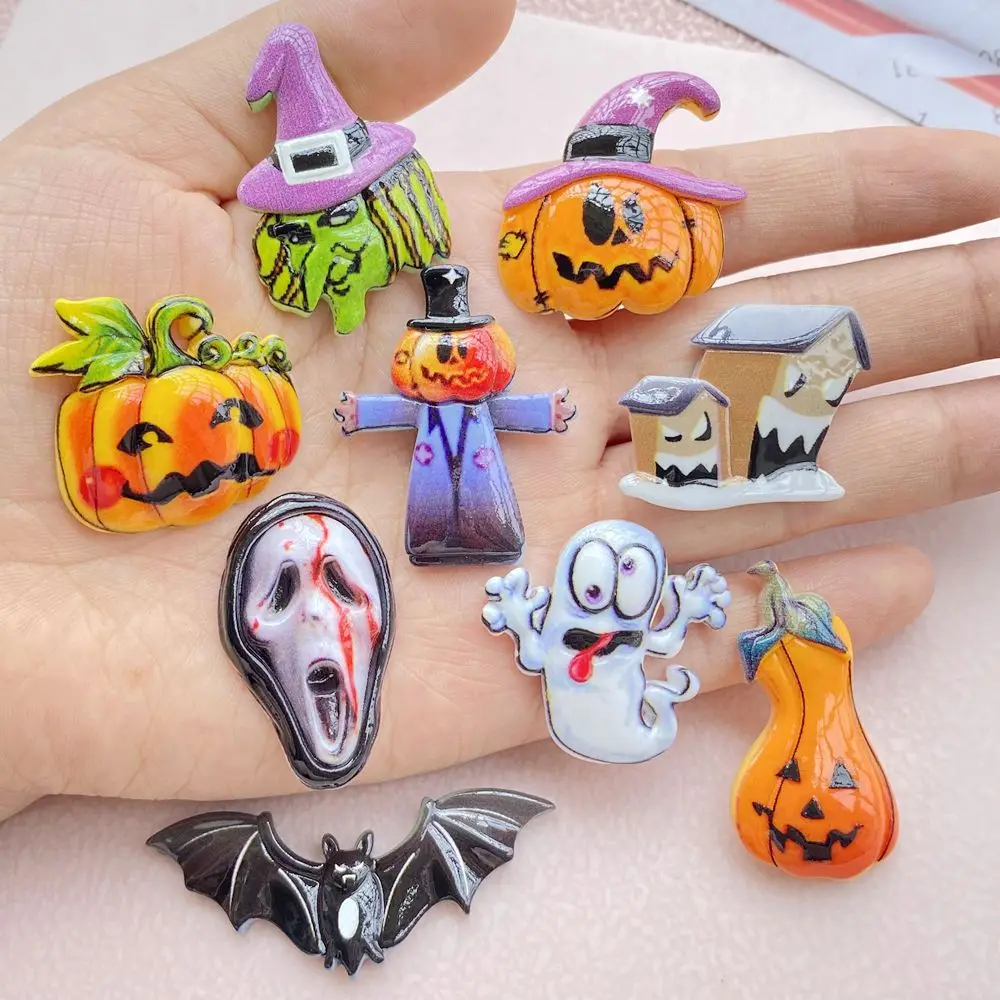 10 Stück neue Modelle bunte Cartoon Halloween Kürbis, Geist, Fledermaus Serie Harz Sammelalbum DIY Schmuck Haarnadel Headrope Dekoration