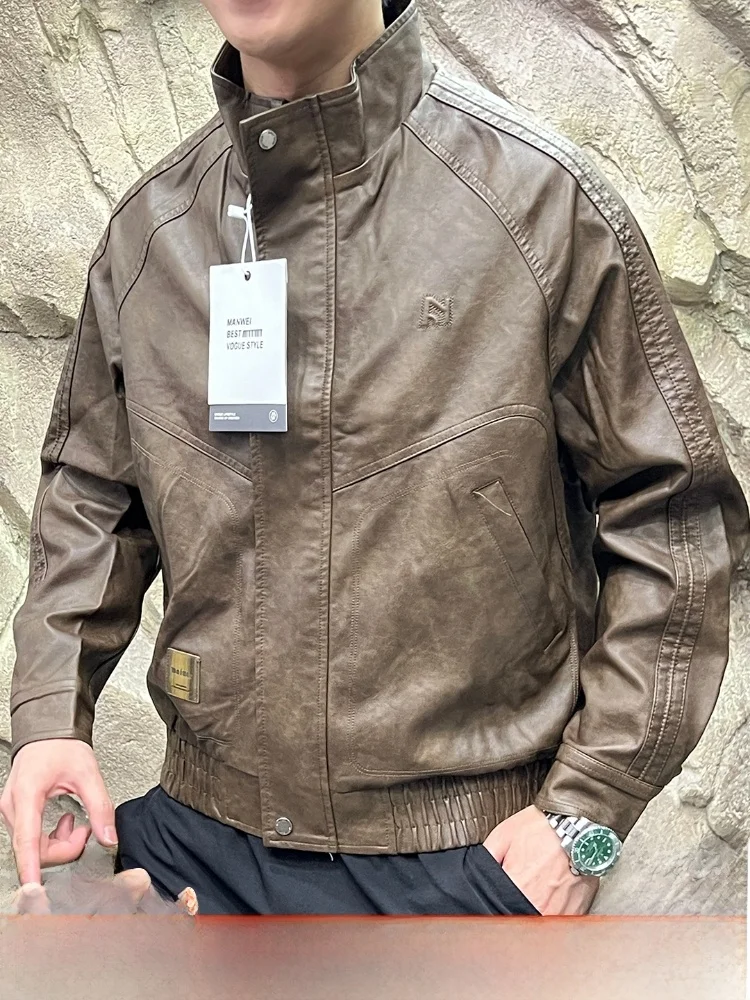 

Ecological PU Leather Biker Jaet Men's Faion Loose Fit Stand Collar 3D Emed Autumn Jaet Youth Polyester Long Sve