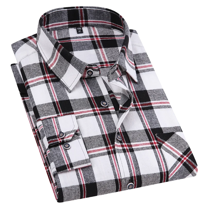 Men's Fashion Long Sleeve Brushed Flannel Shirt Single Pocket Comfortable 100% Cotton Casual Slim Fit Button-down Plaid Shirts