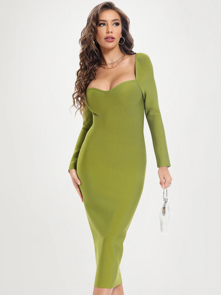 Nuevo Vestido Sexy de manga larga de longitud media verde militar para mujer, Vestido ajustado con espalda descubierta y cuello en V para fiesta y noche, Vestido XL