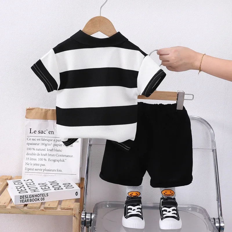 0-4 year old boy POLO shirt set, baby boy stripe short sleeved summer T-shirt+2 shorts Boys\' lapel striped short sleeved