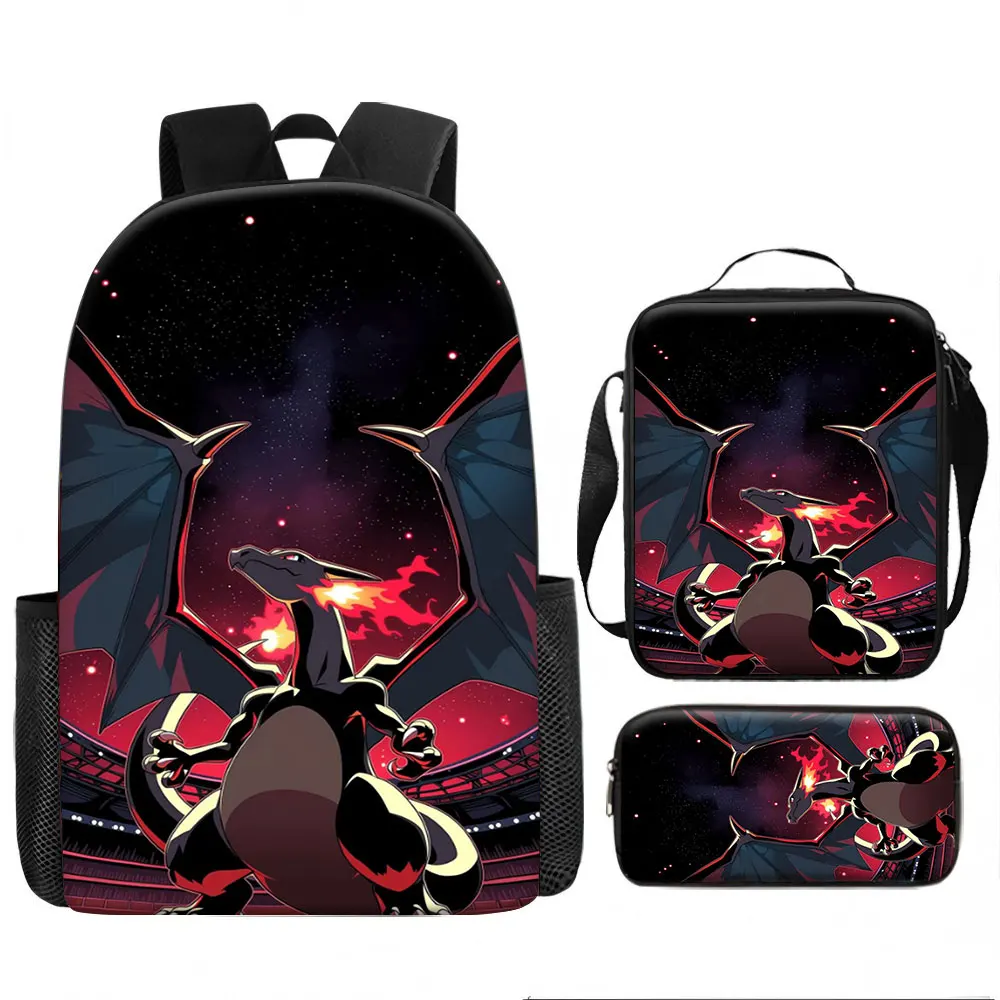 Mochila Infantil, Anime Pokémon, Conjunto de 3 Peças Mega Charizard X Black Flame Wing Dark Nebula Power Aesthetic com Estampa Vermelha à Prova d'Água