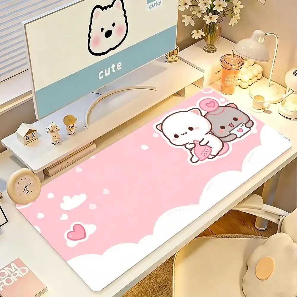Pink Cute Bear Desk Mat Smooth Glide Precision Tracking Thick Rubber For Sweet Girl Bedroom Gaming