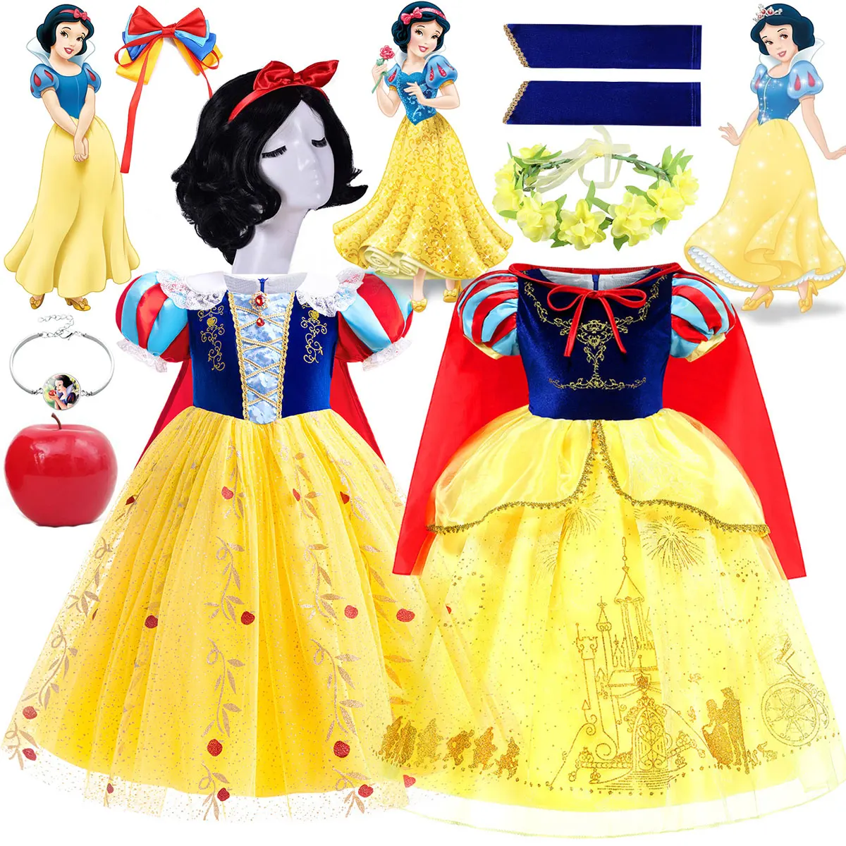 

Disney Halloween Princess Snow White Yellow Cute Sleeveless Dress For Child Birthday Party Dress Cosplay Sleeveless Dress Set